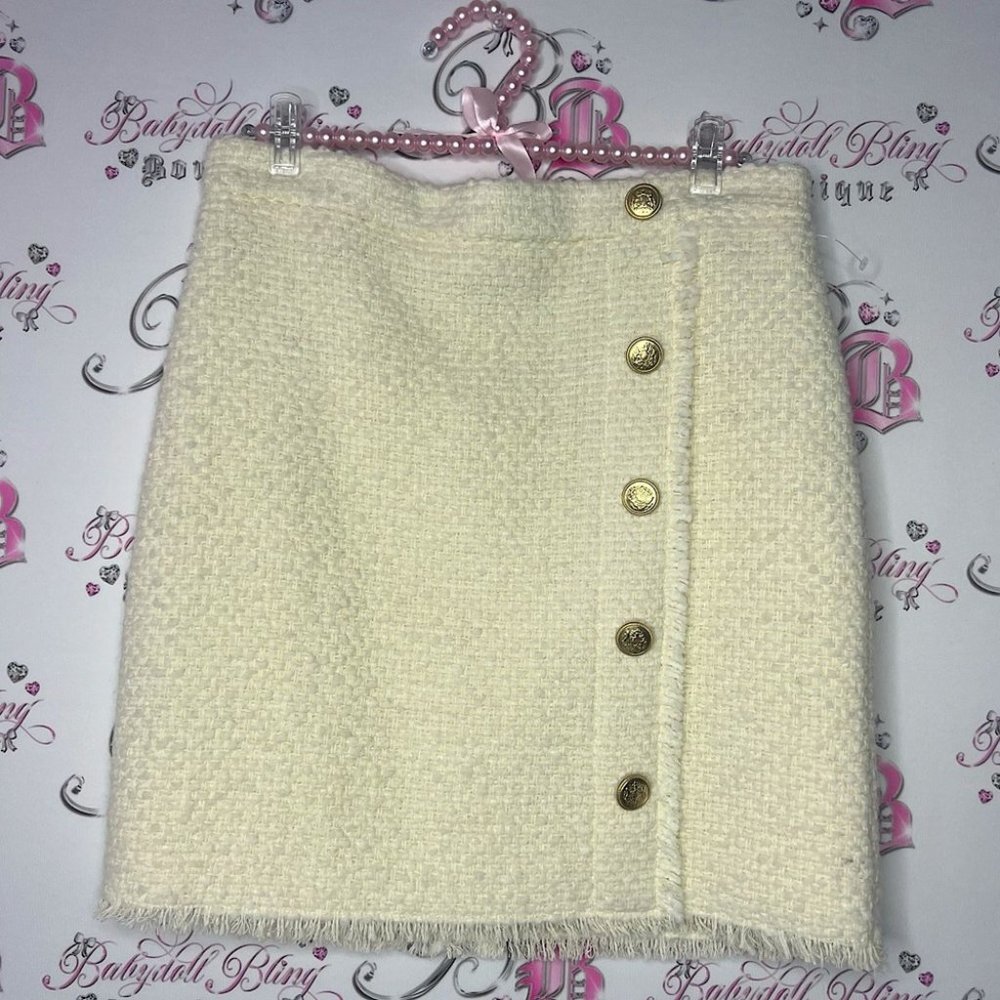 SEDUCTIVE Tweed skirt Jenny cream white buttons gold zip up back fringe trim
